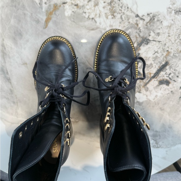 Stuart Weitzman Black Lace-Up Boots with Gold Accents - Picture 6 of 11